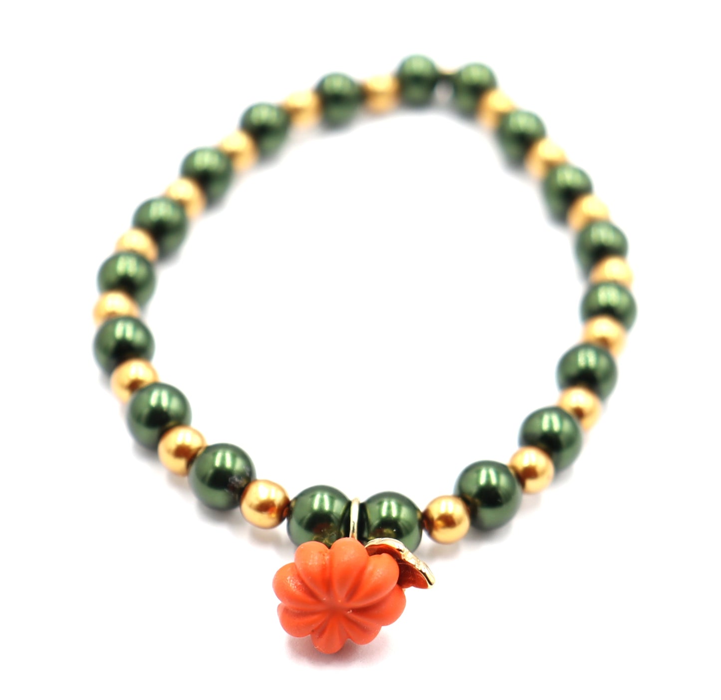 Pumpkin Time and Earth Toned Vibes - Green and Gold Bracelet with 3D Pumpkin Charm by Monkey's Mojo