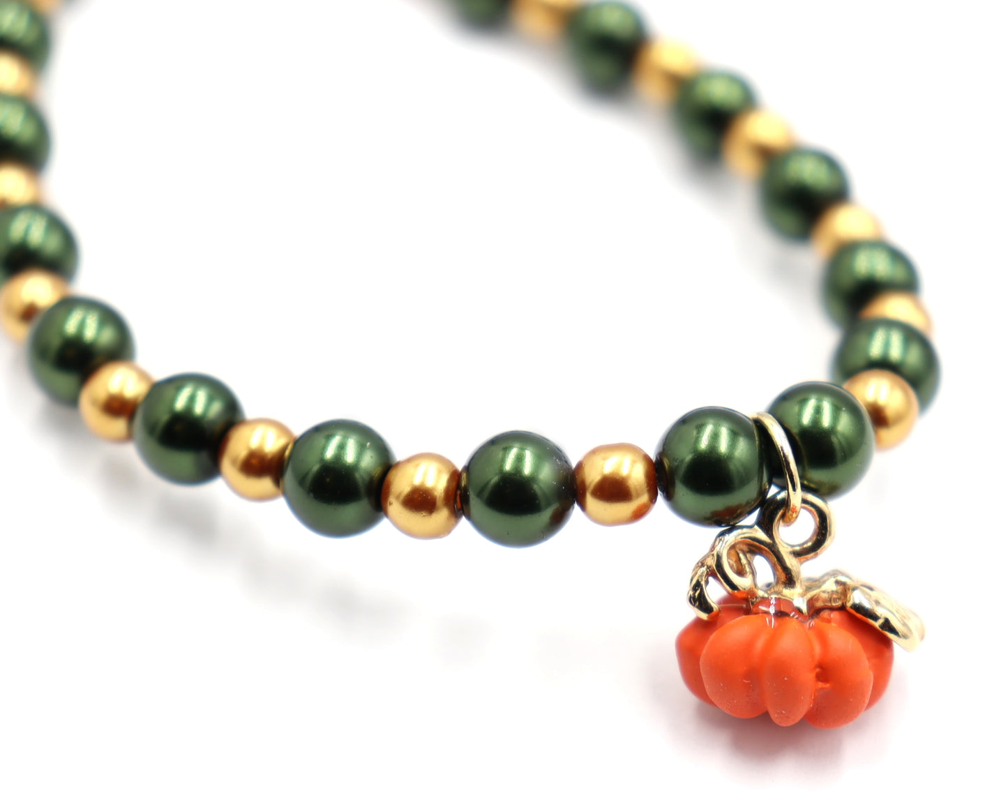 Pumpkin Time and Earth Toned Vibes - Green and Gold Bracelet with 3D Pumpkin Charm by Monkey's Mojo