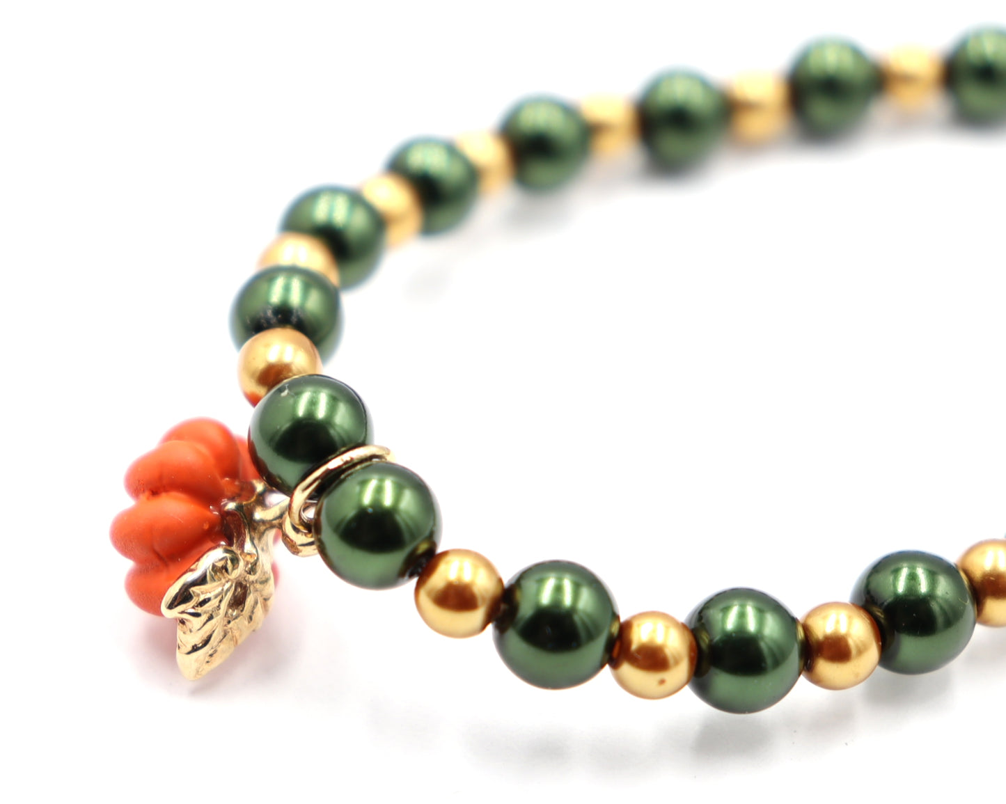 Pumpkin Time and Earth Toned Vibes - Green and Gold Bracelet with 3D Pumpkin Charm by Monkey's Mojo