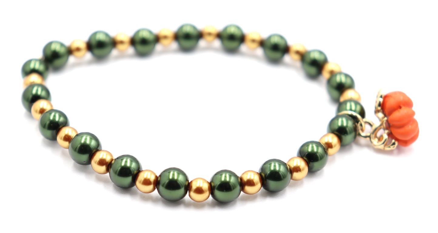 Pumpkin Time and Earth Toned Vibes - Green and Gold Bracelet with 3D Pumpkin Charm by Monkey's Mojo