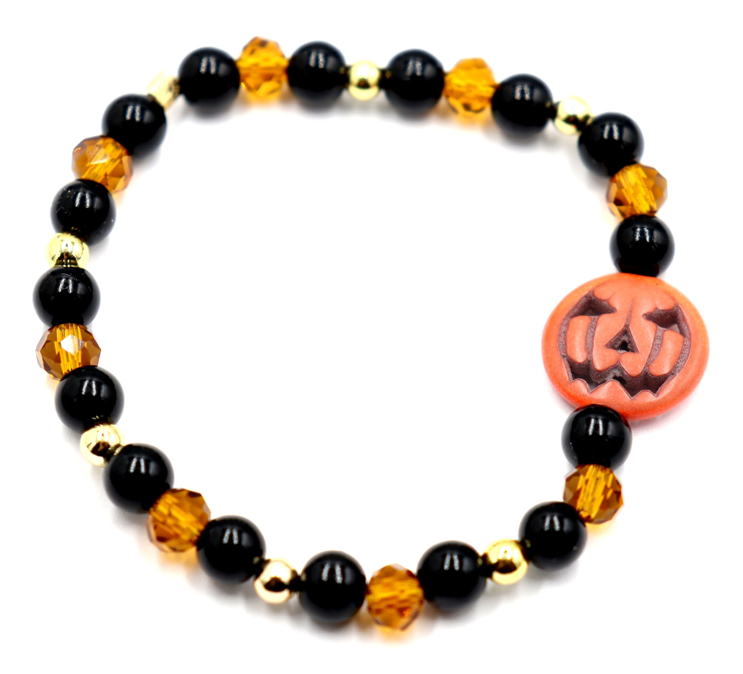 Pumpkin King Black and Gold Scream Halloween Themed Glass Bead Stretch Bracelet by Monkey's Mojo