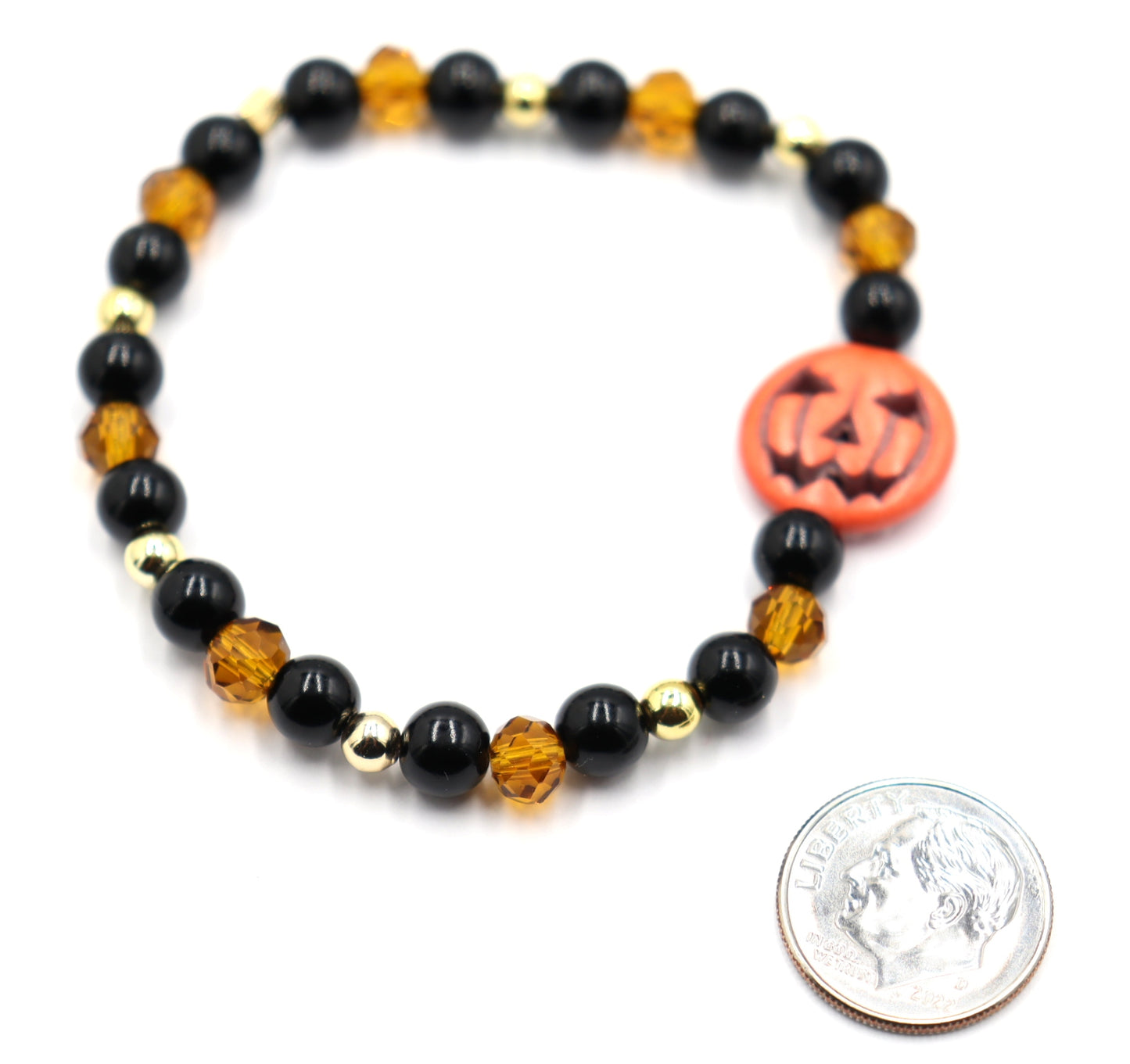 Pumpkin King Black and Gold Scream Halloween Themed Glass Bead Stretch Bracelet by Monkey's Mojo