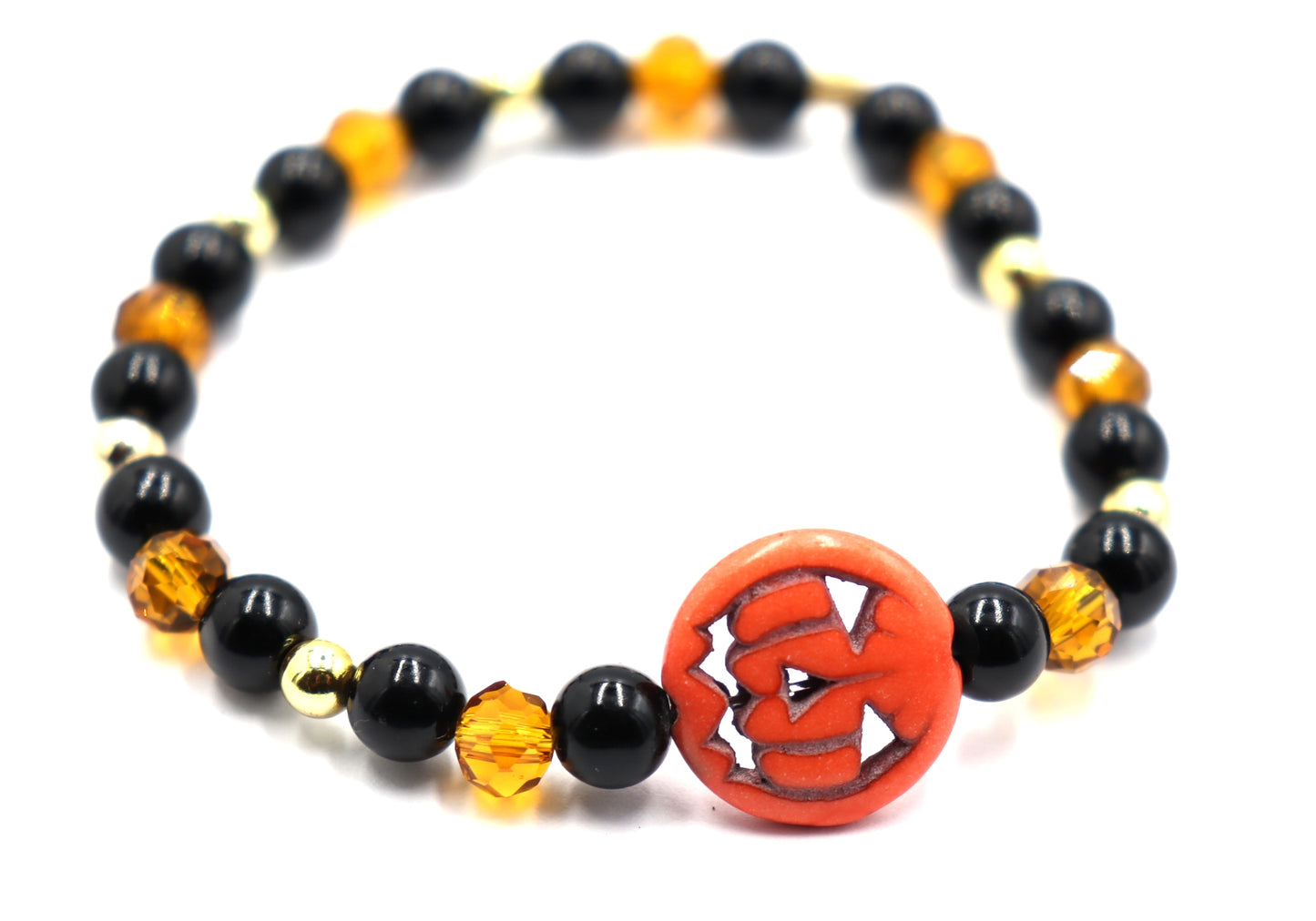 Pumpkin King Black and Gold Scream Halloween Themed Glass Bead Stretch Bracelet by Monkey's Mojo