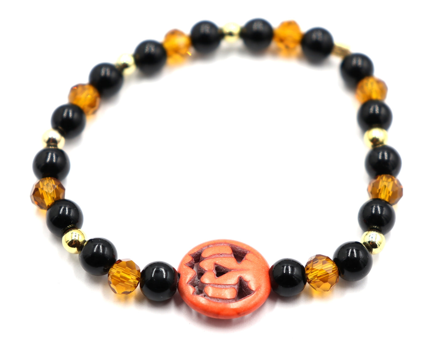 Pumpkin King Black and Gold Scream Halloween Themed Glass Bead Stretch Bracelet by Monkey's Mojo