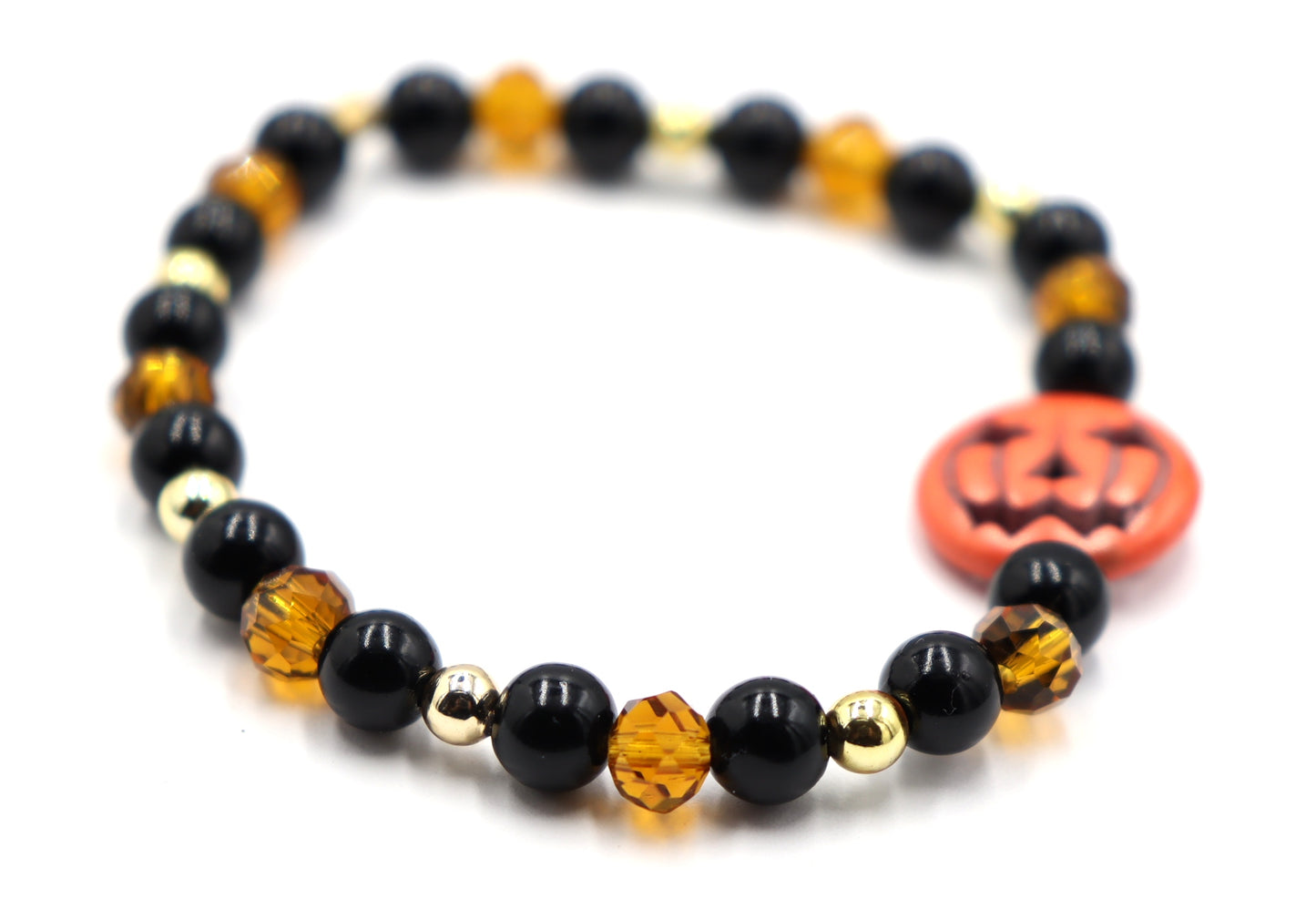 Pumpkin King Black and Gold Scream Halloween Themed Glass Bead Stretch Bracelet by Monkey's Mojo