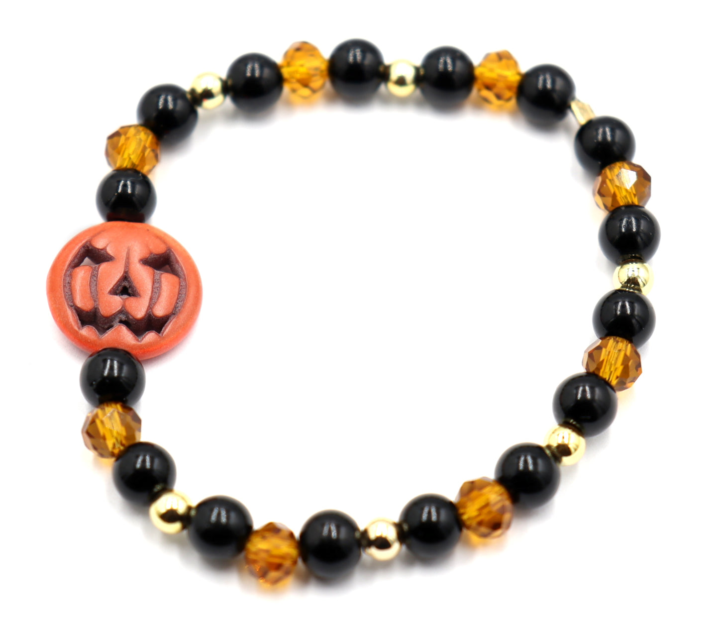 Pumpkin King Black and Gold Scream Halloween Themed Glass Bead Stretch Bracelet by Monkey's Mojo