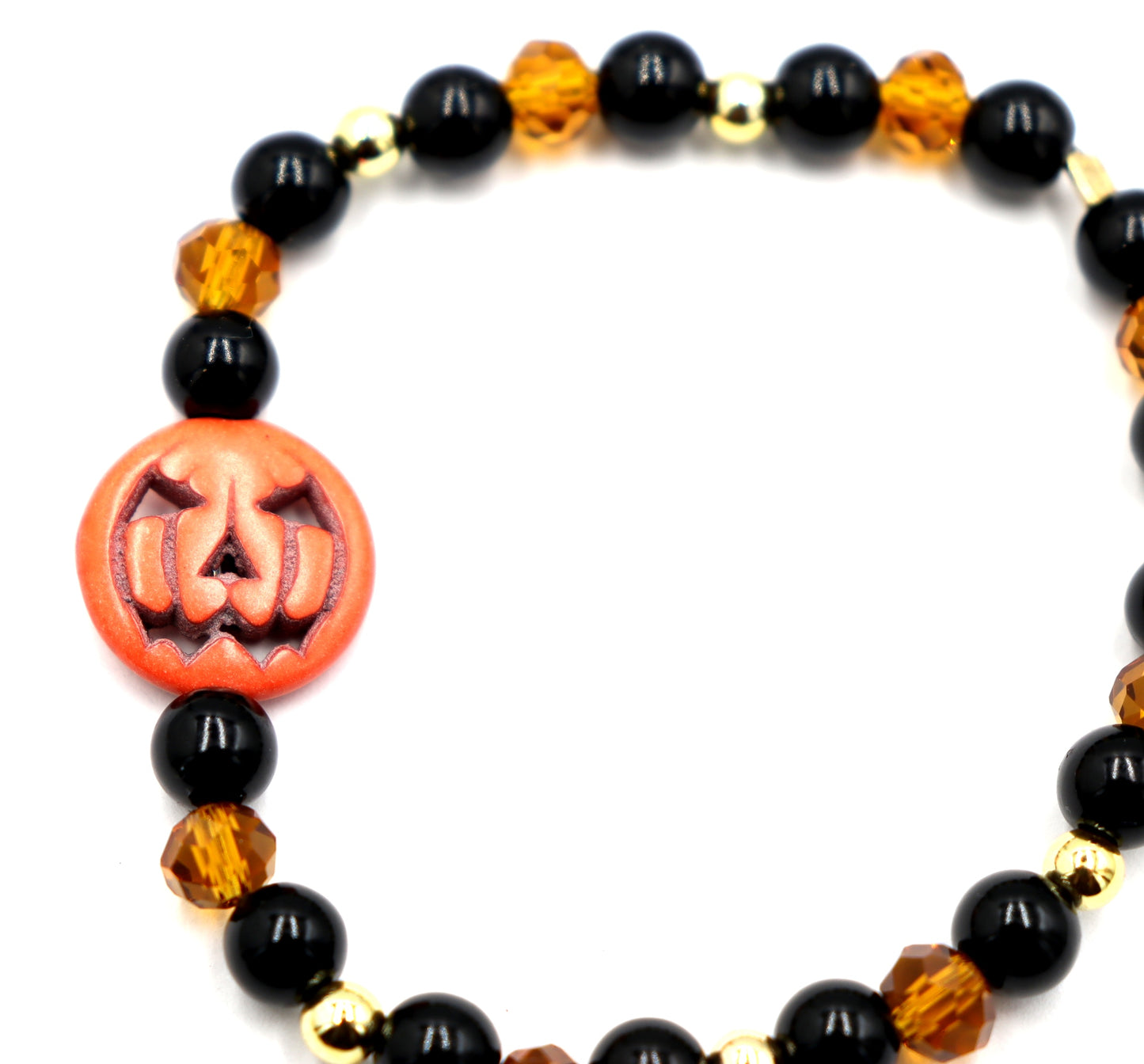 Pumpkin King Black and Gold Scream Halloween Themed Glass Bead Stretch Bracelet by Monkey's Mojo