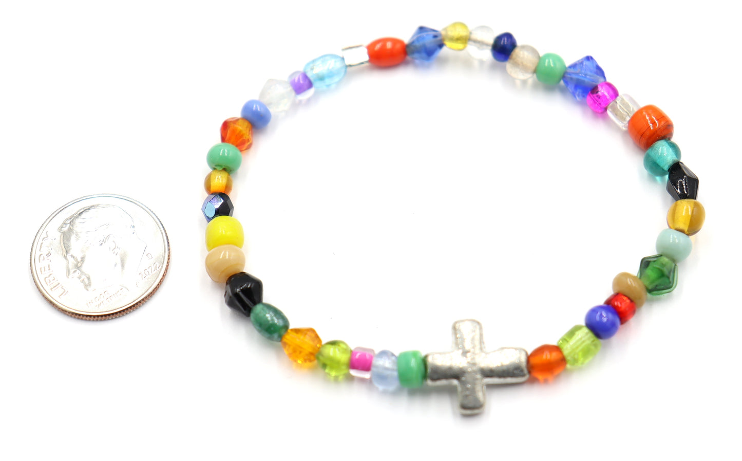 Colorful Joy Artisan Beads and Silver Metallic Cross Stretch Bracelet by Monkey's Mojo