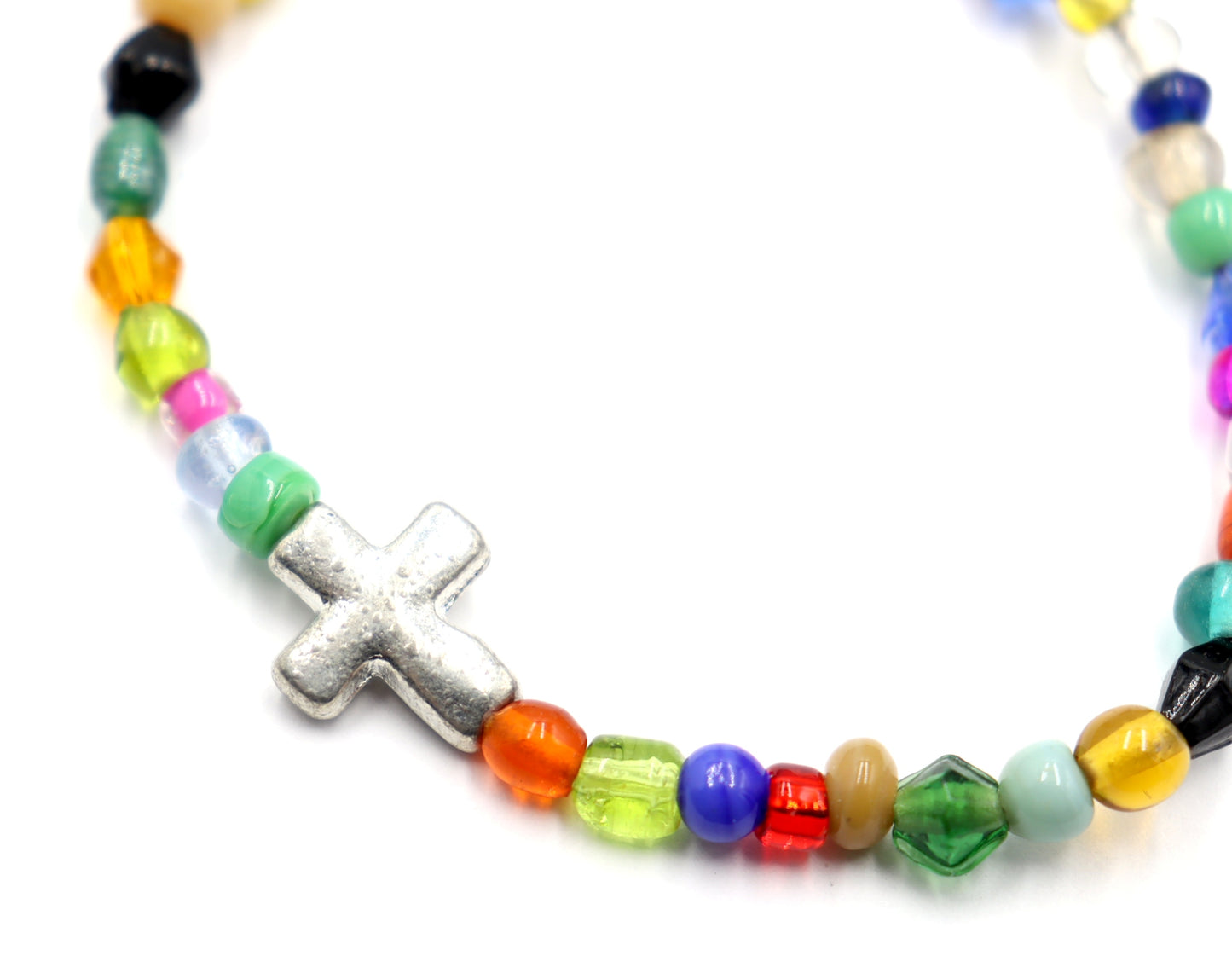 Colorful Joy Artisan Beads and Silver Metallic Cross Stretch Bracelet by Monkey's Mojo