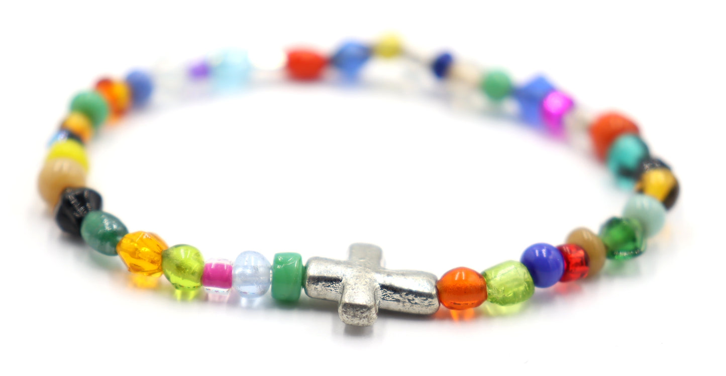 Colorful Joy Artisan Beads and Silver Metallic Cross Stretch Bracelet by Monkey's Mojo