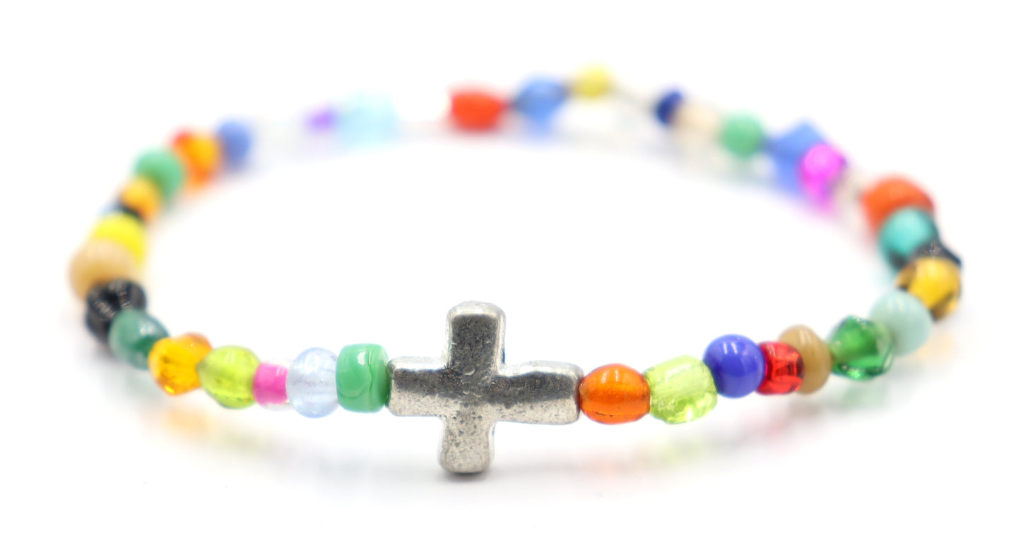 Colorful Joy Artisan Beads and Silver Metallic Cross Stretch Bracelet by Monkey's Mojo