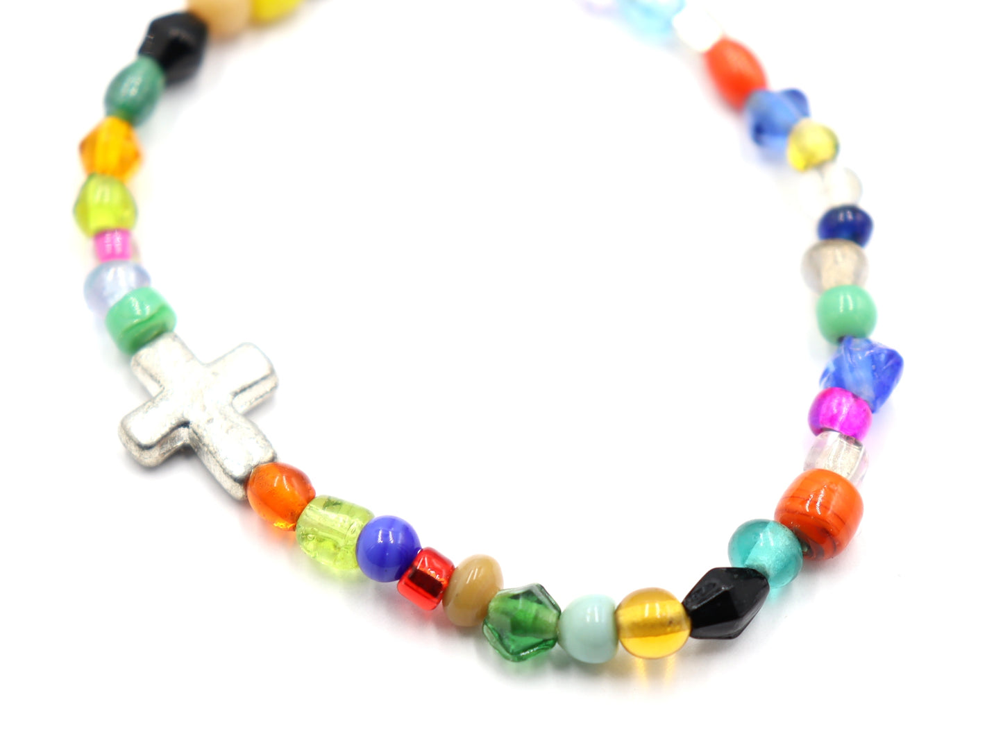 Colorful Joy Artisan Beads and Silver Metallic Cross Stretch Bracelet by Monkey's Mojo