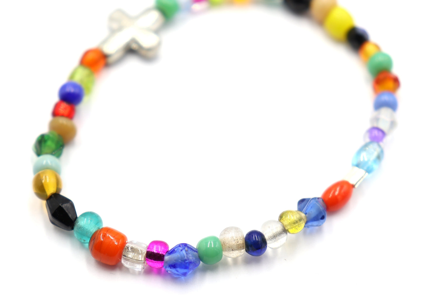 Colorful Joy Artisan Beads and Silver Metallic Cross Stretch Bracelet by Monkey's Mojo