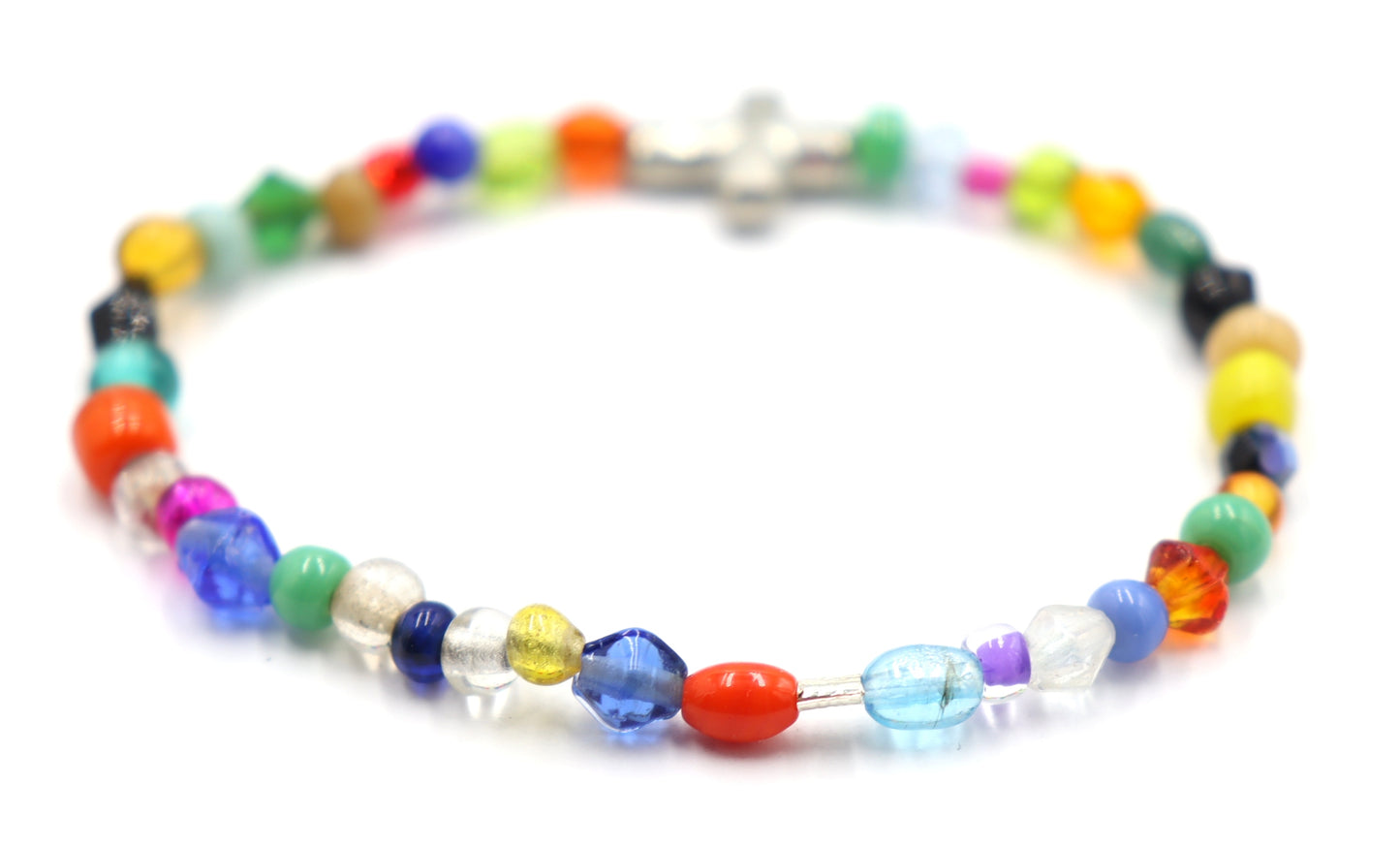 Colorful Joy Artisan Beads and Silver Metallic Cross Stretch Bracelet by Monkey's Mojo