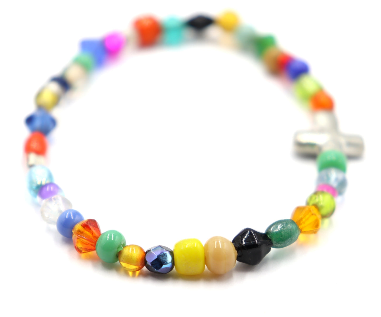 Colorful Joy Artisan Beads and Silver Metallic Cross Stretch Bracelet by Monkey's Mojo