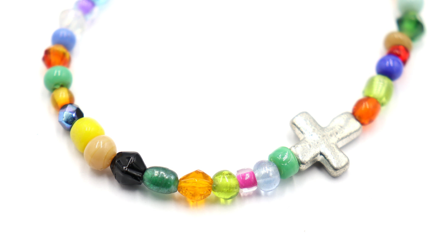 Colorful Joy Artisan Beads and Silver Metallic Cross Stretch Bracelet by Monkey's Mojo