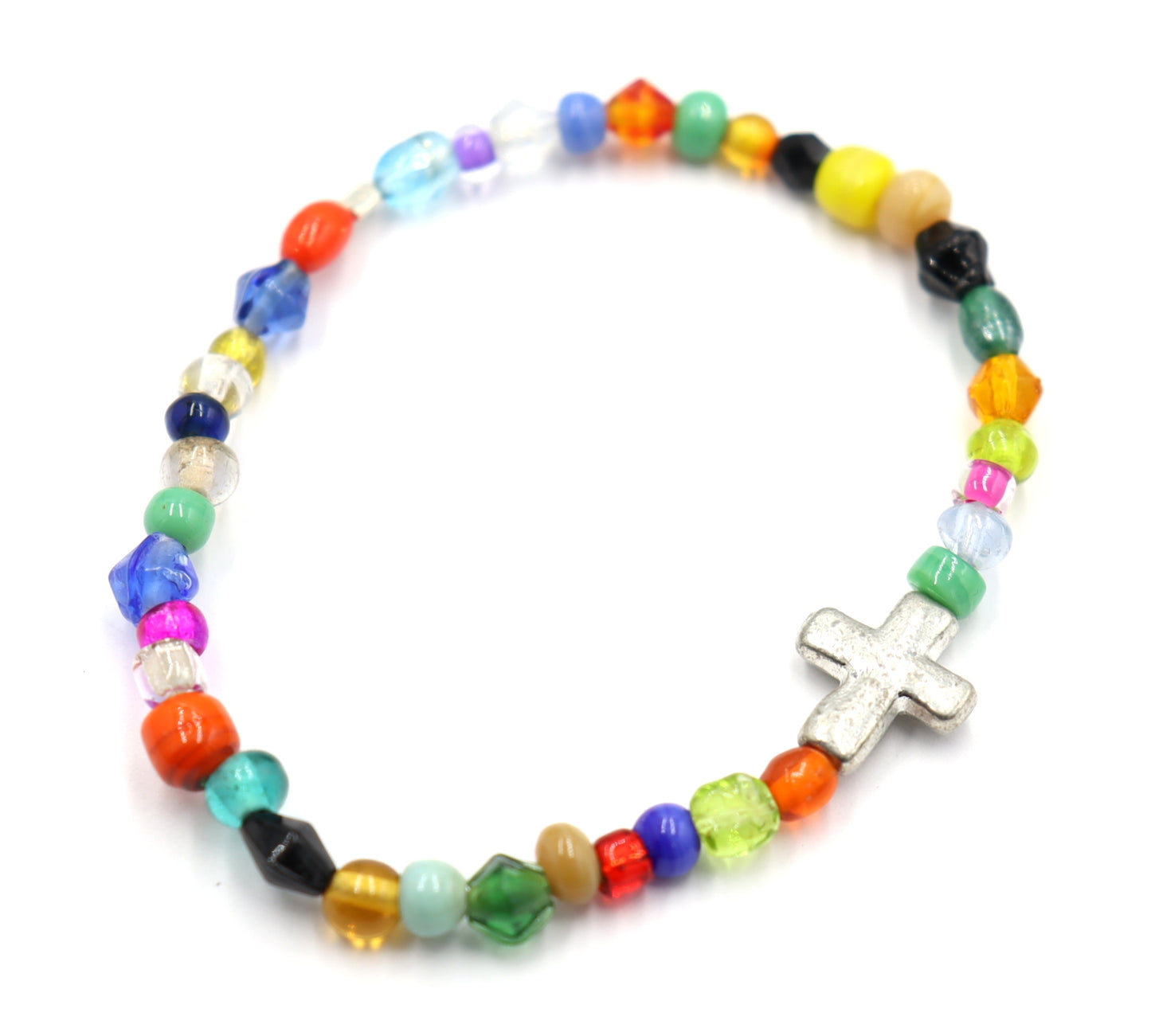 Colorful Joy Artisan Beads and Silver Metallic Cross Stretch Bracelet by Monkey's Mojo