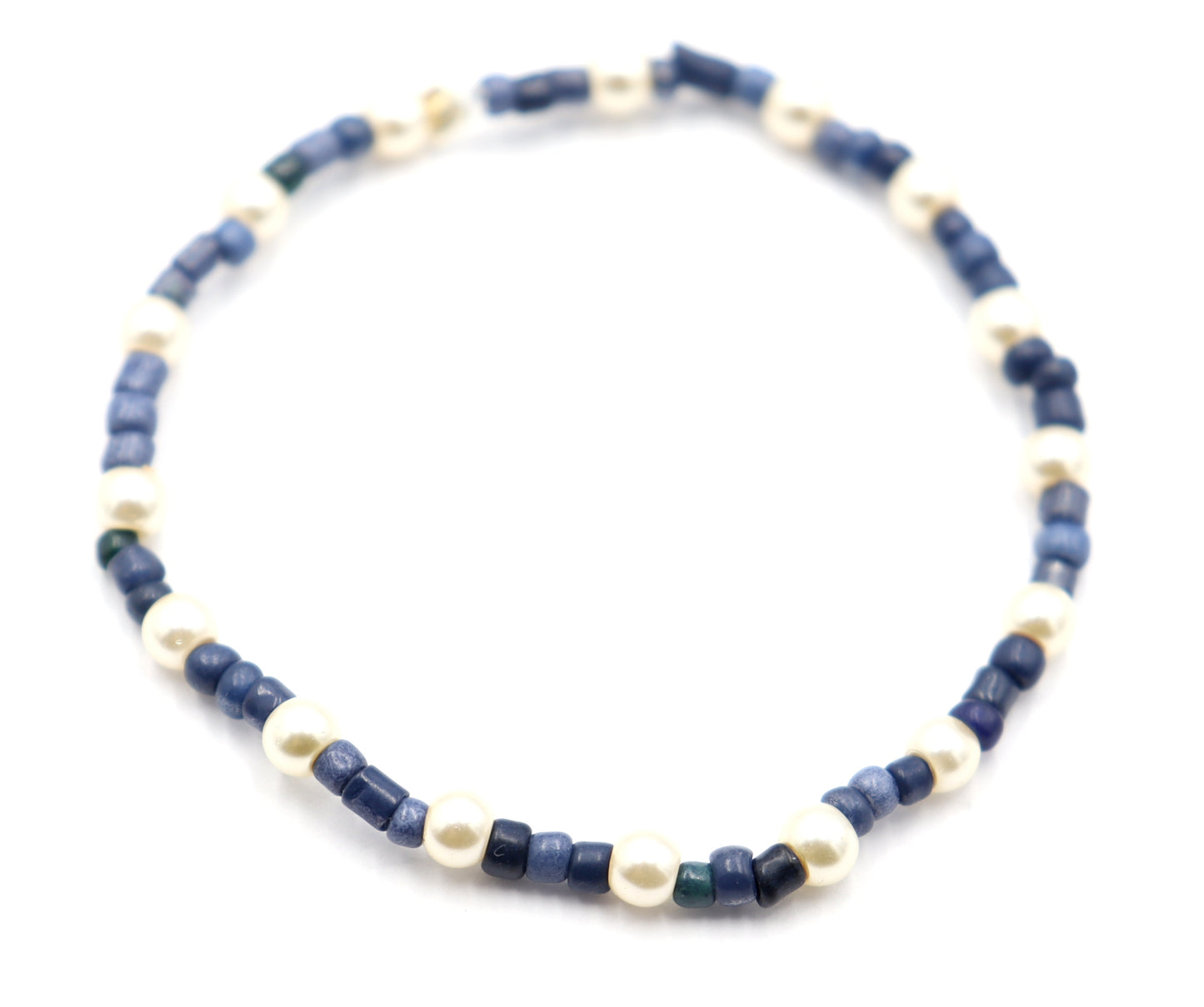 Classic and Classy Demin with Pearls - Blue and White Glass Bead Women's Stretch Bracelet by Monkey's Mojo