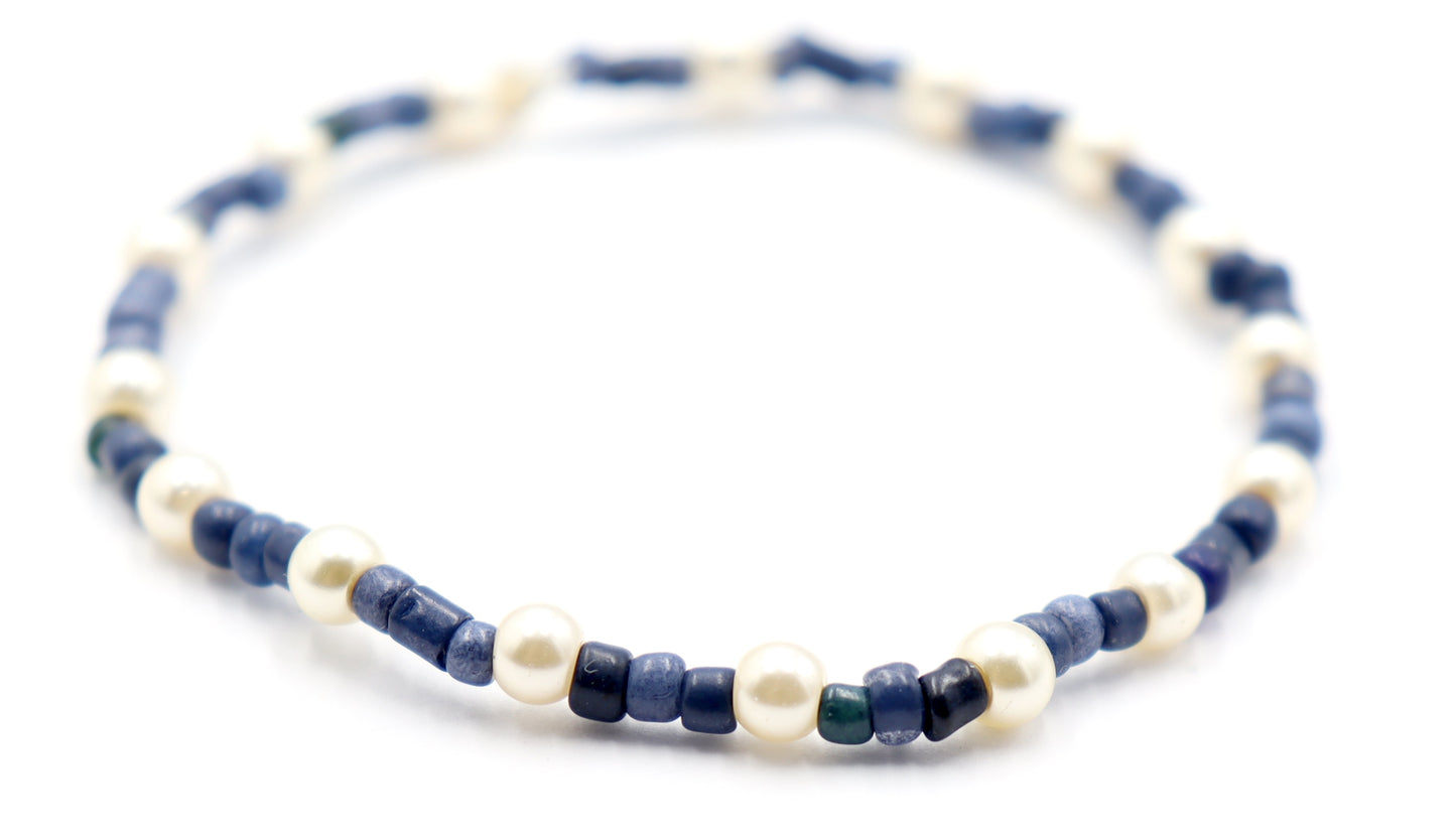 Classic and Classy Demin with Pearls - Blue and White Glass Bead Women's Stretch Bracelet by Monkey's Mojo