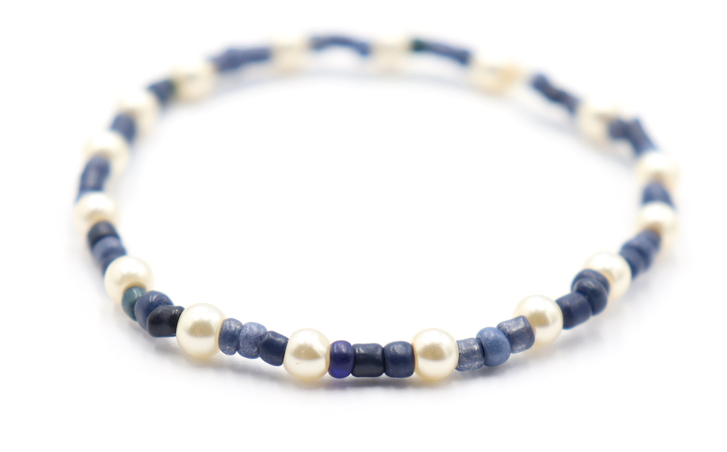 Classic and Classy Demin with Pearls - Blue and White Glass Bead Women's Stretch Bracelet by Monkey's Mojo