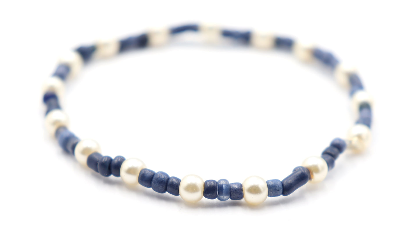 Classic and Classy Demin with Pearls - Blue and White Glass Bead Women's Stretch Bracelet by Monkey's Mojo