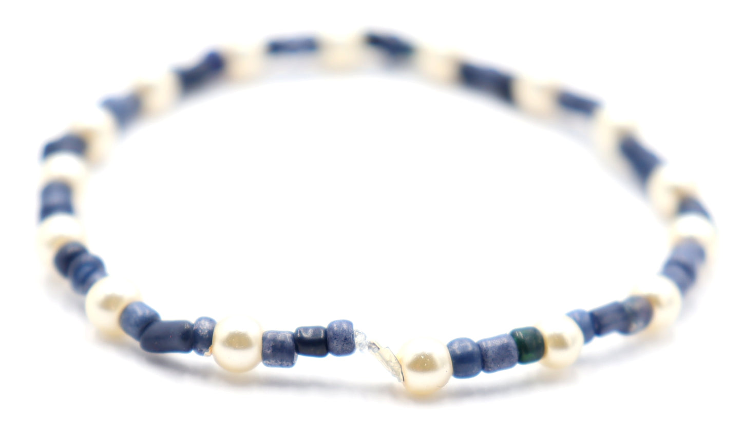 Classic and Classy Demin with Pearls - Blue and White Glass Bead Women's Stretch Bracelet by Monkey's Mojo