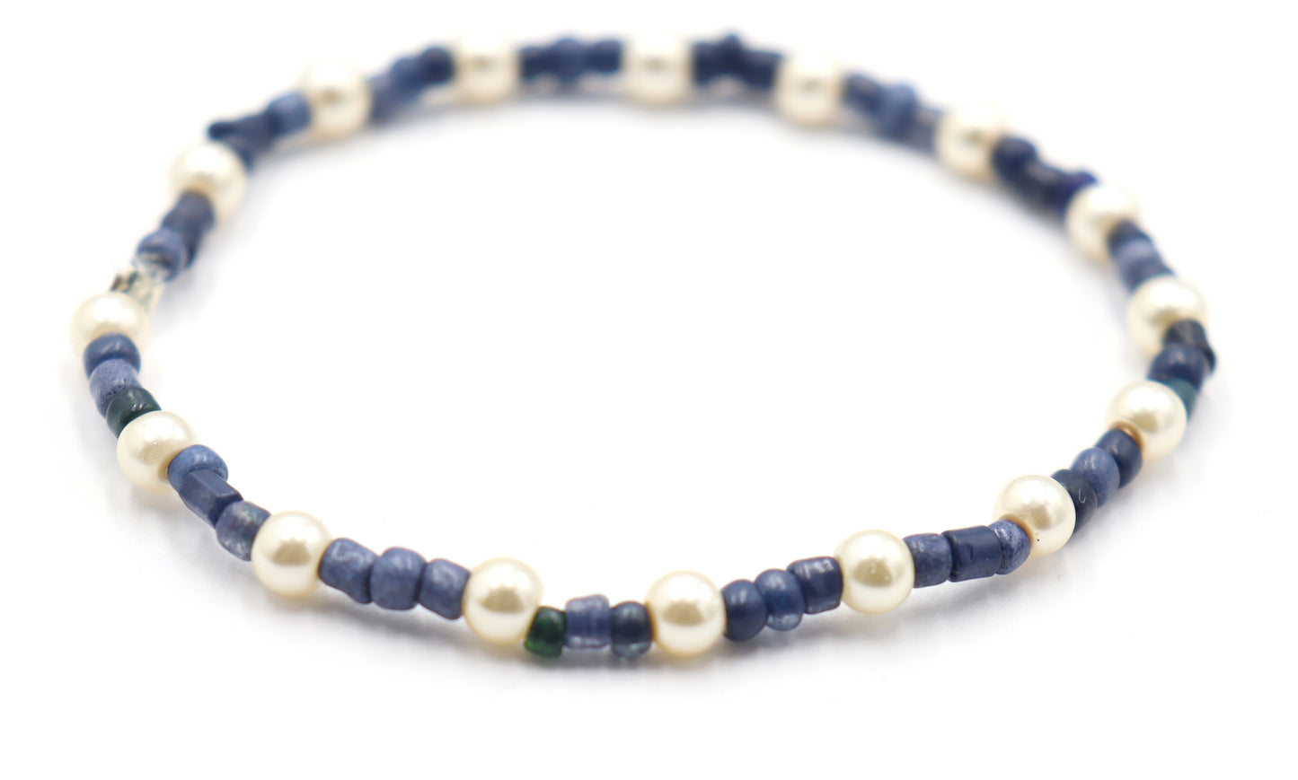 Classic and Classy Demin with Pearls - Blue and White Glass Bead Women's Stretch Bracelet by Monkey's Mojo