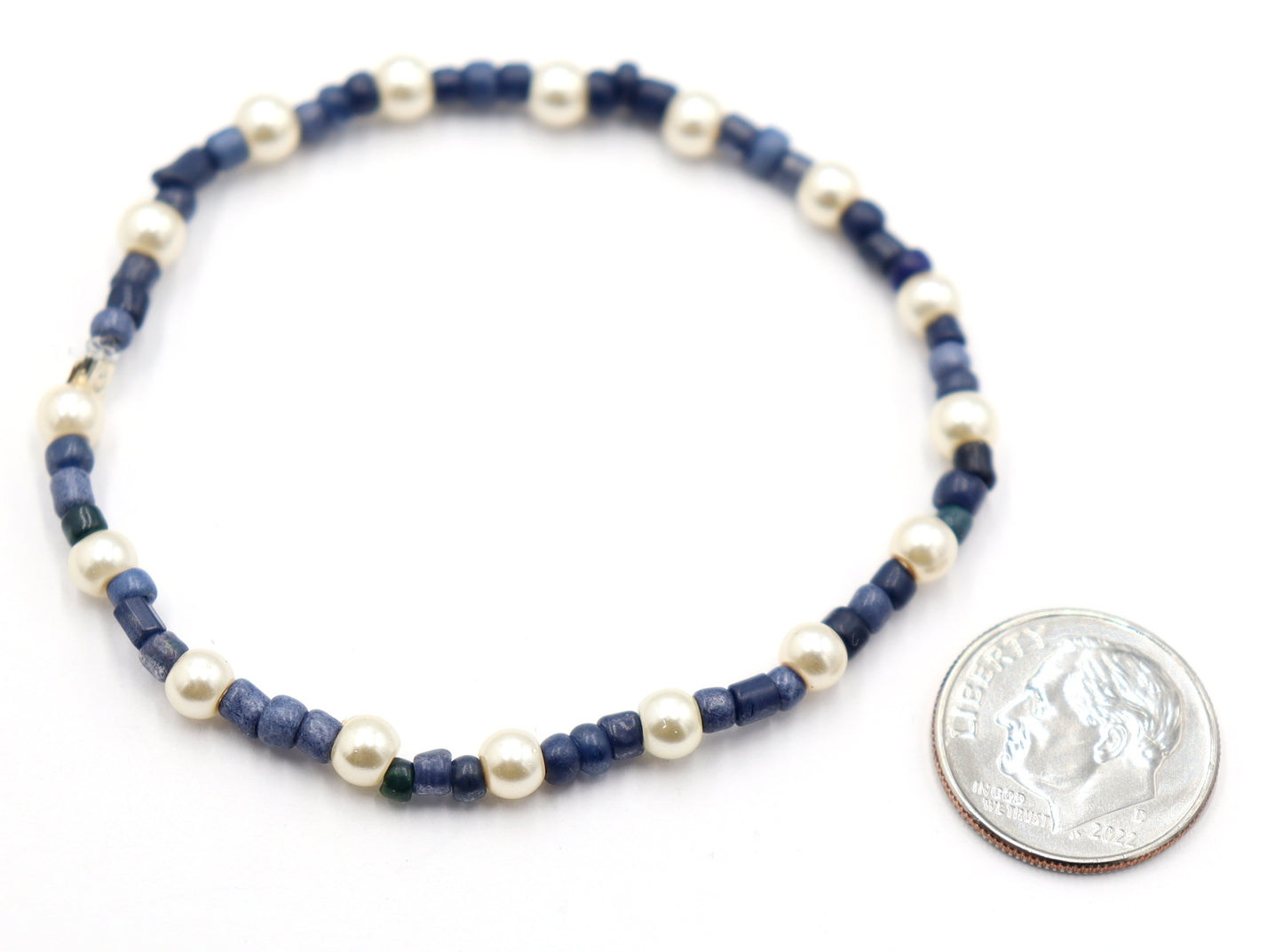 Classic and Classy Demin with Pearls - Blue and White Glass Bead Women's Stretch Bracelet by Monkey's Mojo