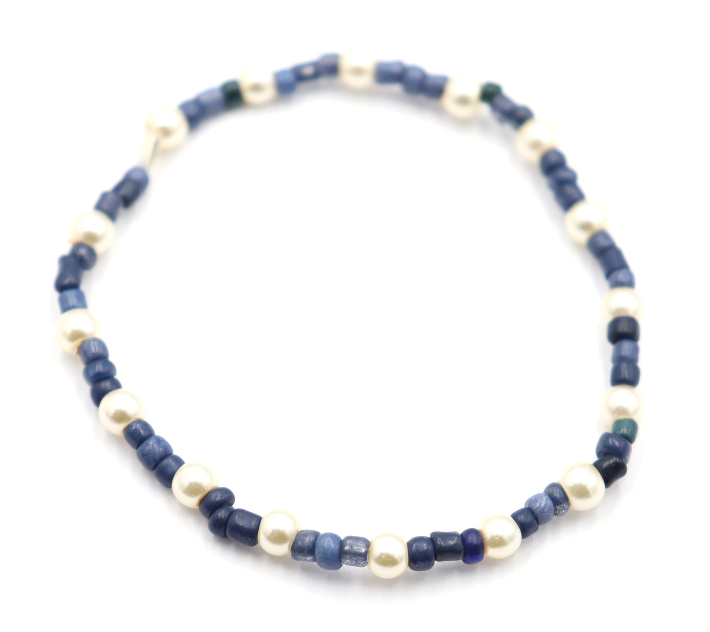 Classic and Classy Demin with Pearls - Blue and White Glass Bead Women's Stretch Bracelet by Monkey's Mojo
