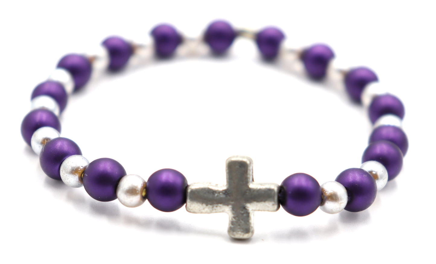 Royal Purple and Silver Pearl Glass Beads with Silver Tone Metallic Cross Stretch Bracelet by Monkey's Mojo