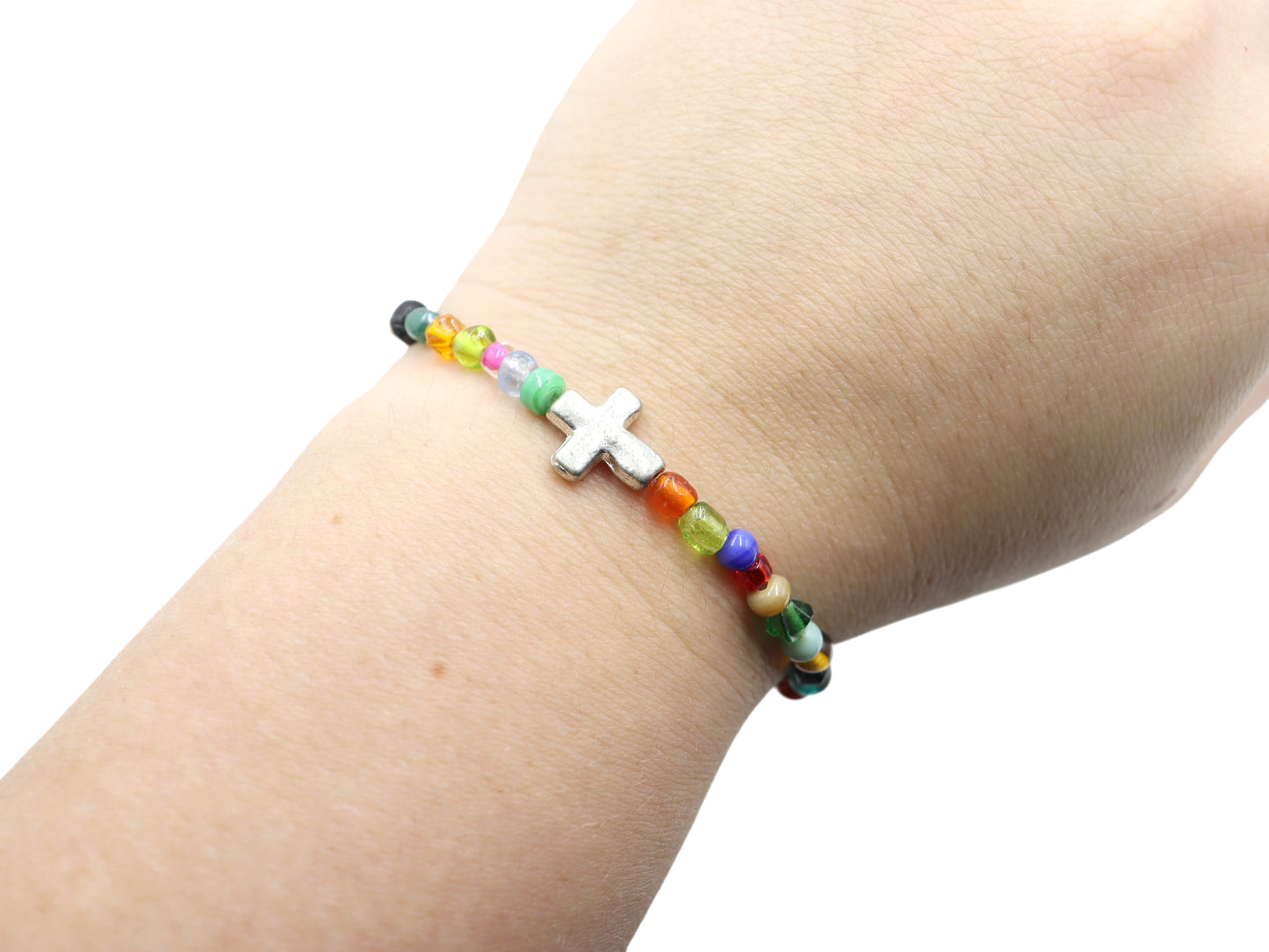 Colorful Joy Artisan Beads and Silver Metallic Cross Stretch Bracelet by Monkey's Mojo