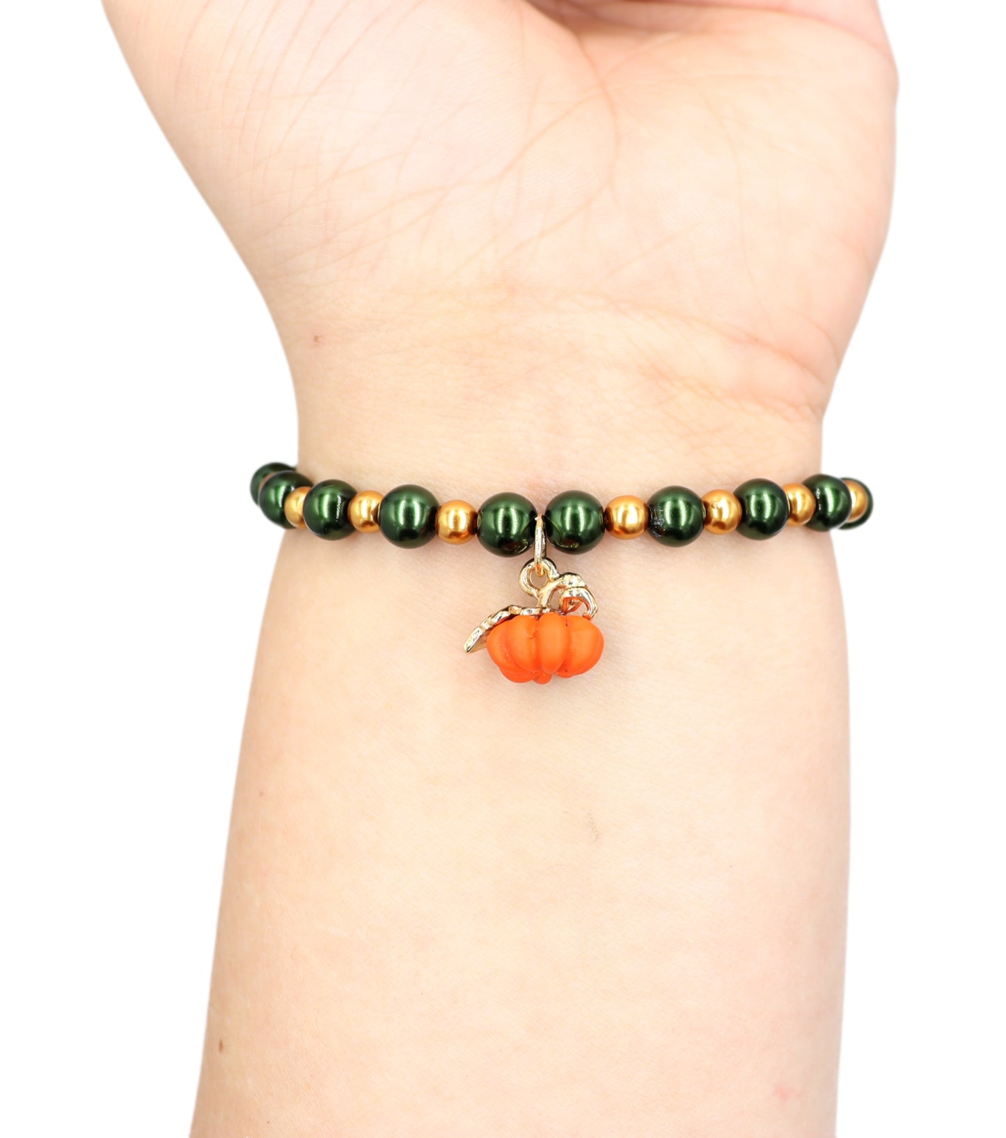 Pumpkin Time and Earth Toned Vibes - Green and Gold Bracelet with 3D Pumpkin Charm by Monkey's Mojo