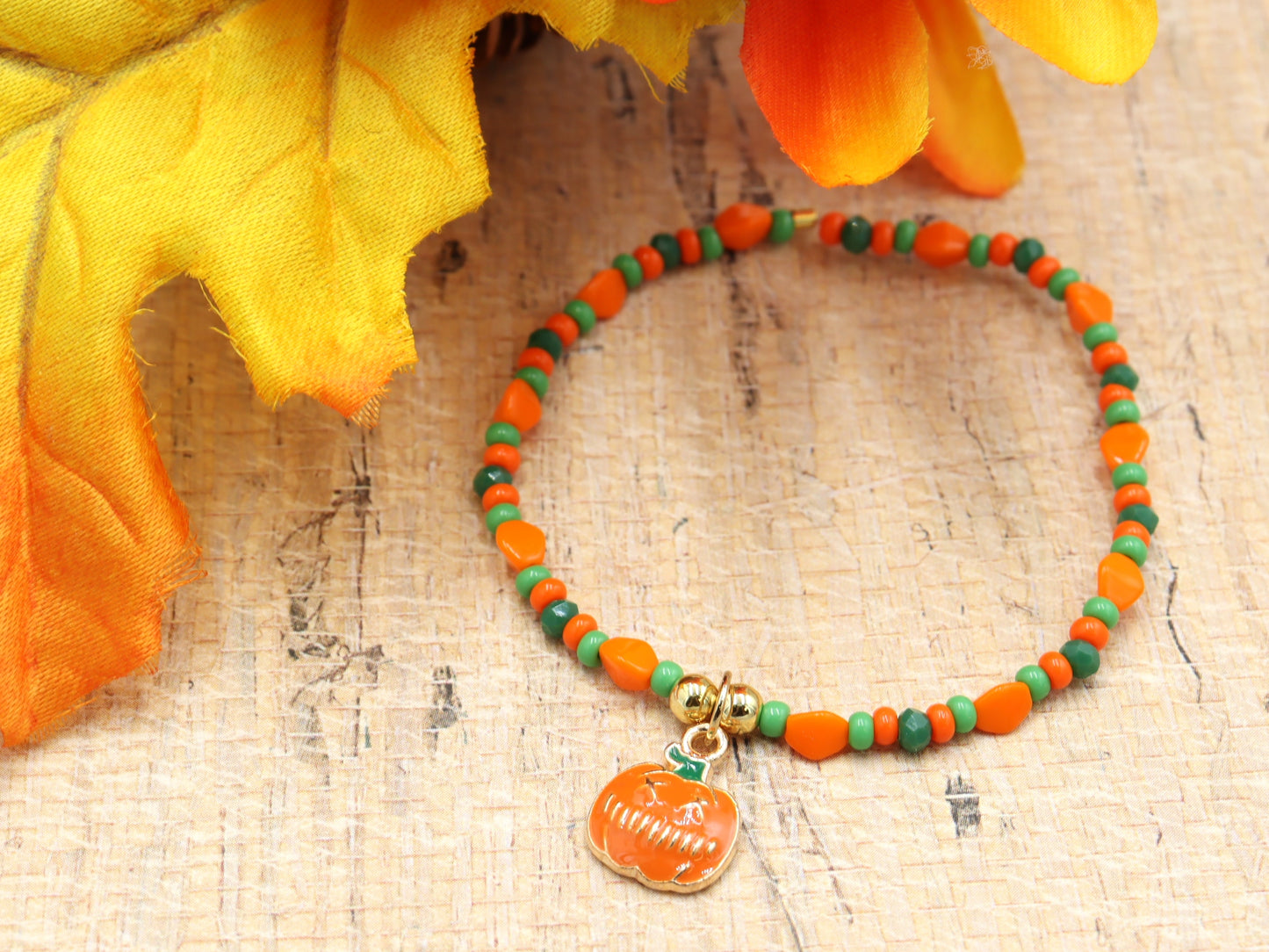 Orange and Green Scream Scary Craved Pumpkin Charm Bracelet by Monkey's Mojo Jewelry