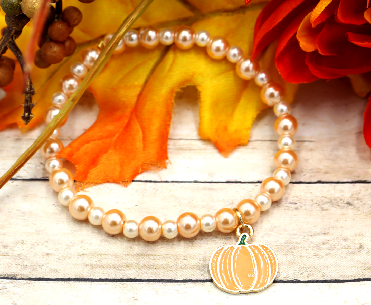 Pastels, Pearls and Pumpkin Bracelet - Girly and Classic Halloween Reimagined Bracelet by Monkey's Mojo