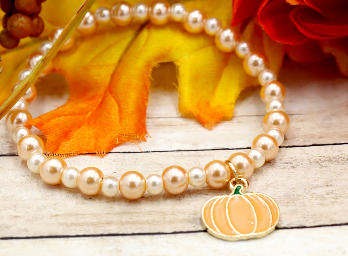 Pastels, Pearls and Pumpkin Bracelet - Girly and Classic Halloween Reimagined Bracelet by Monkey's Mojo