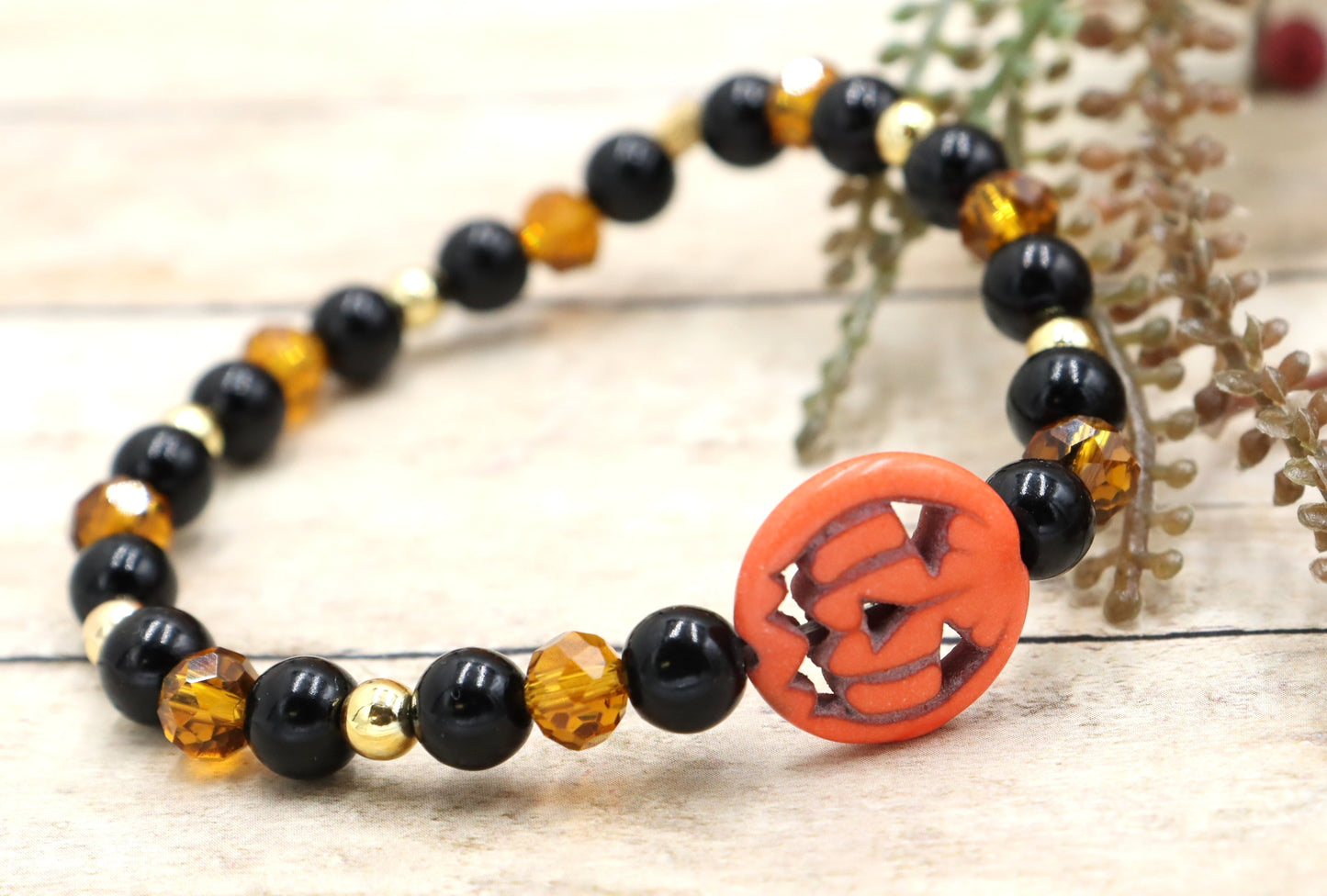 Pumpkin King Black and Gold Scream Halloween Themed Glass Bead Stretch Bracelet by Monkey's Mojo