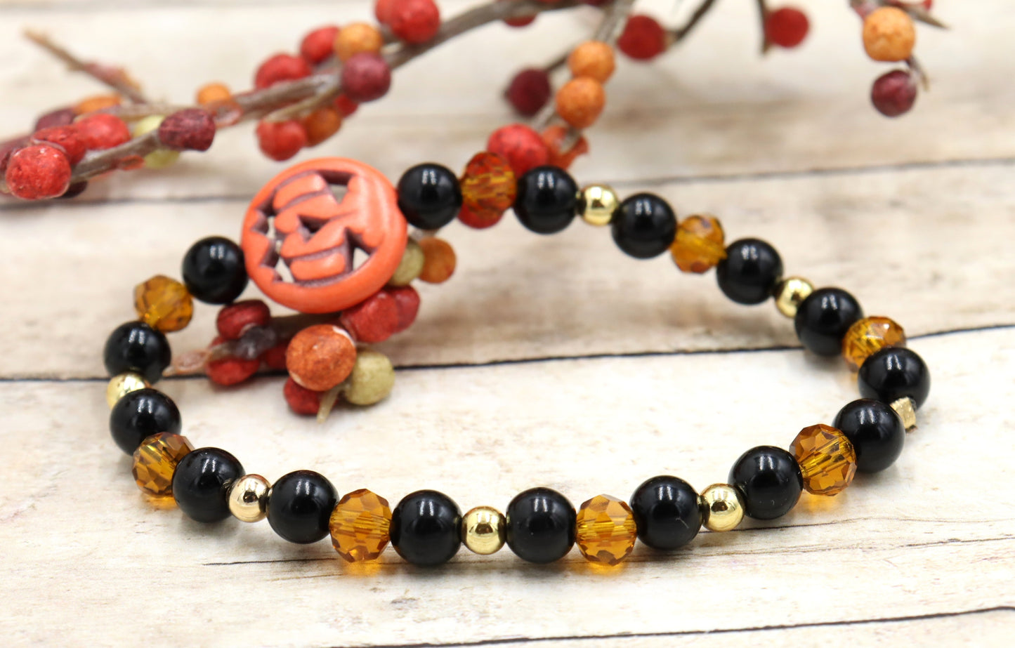 Pumpkin King Black and Gold Scream Halloween Themed Glass Bead Stretch Bracelet by Monkey's Mojo