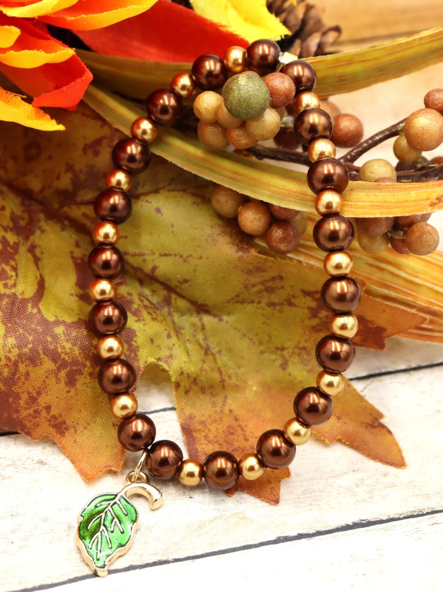 Golden Pearls, Rich Oak, and Green Leaf Charm - Women's Autumn / Fall Glass Bead Stretch Bracelet by Monkey's Mojo