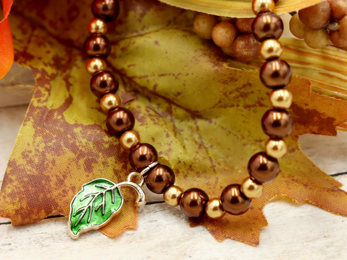 Golden Pearls, Rich Oak, and Green Leaf Charm - Women's Autumn / Fall Glass Bead Stretch Bracelet by Monkey's Mojo