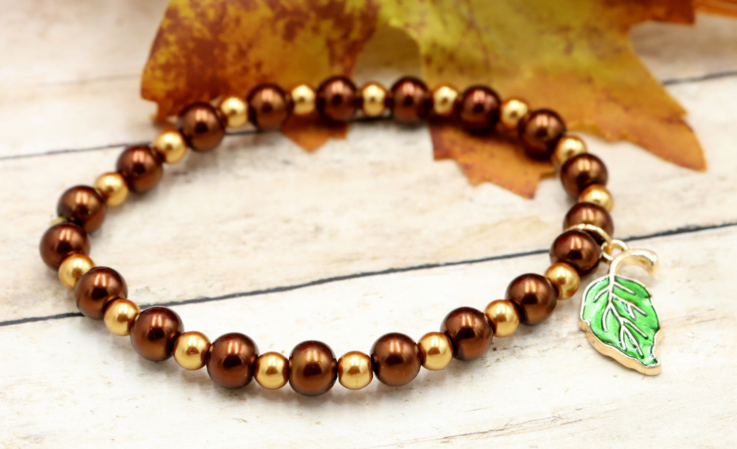 Golden Pearls, Rich Oak, and Green Leaf Charm - Women's Autumn / Fall Glass Bead Stretch Bracelet by Monkey's Mojo