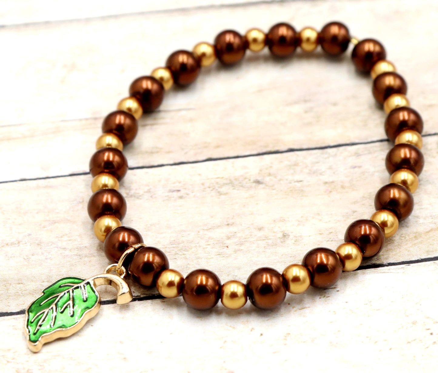 Golden Pearls, Rich Oak, and Green Leaf Charm - Women's Autumn / Fall Glass Bead Stretch Bracelet by Monkey's Mojo