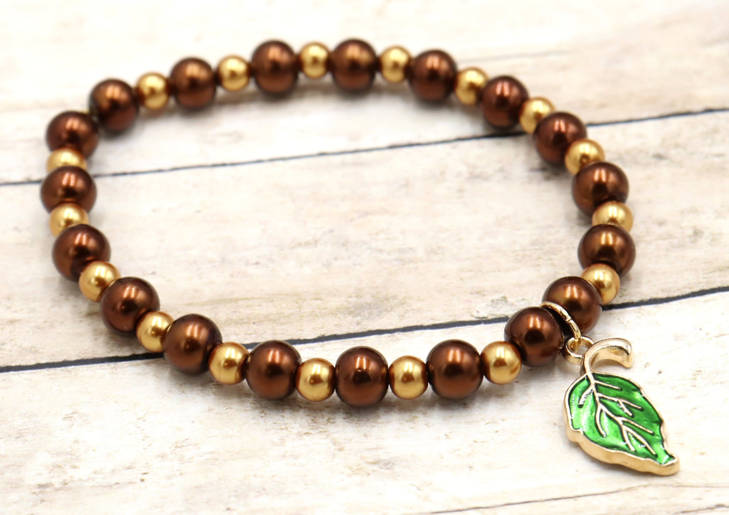 Golden Pearls, Rich Oak, and Green Leaf Charm - Women's Autumn / Fall Glass Bead Stretch Bracelet by Monkey's Mojo