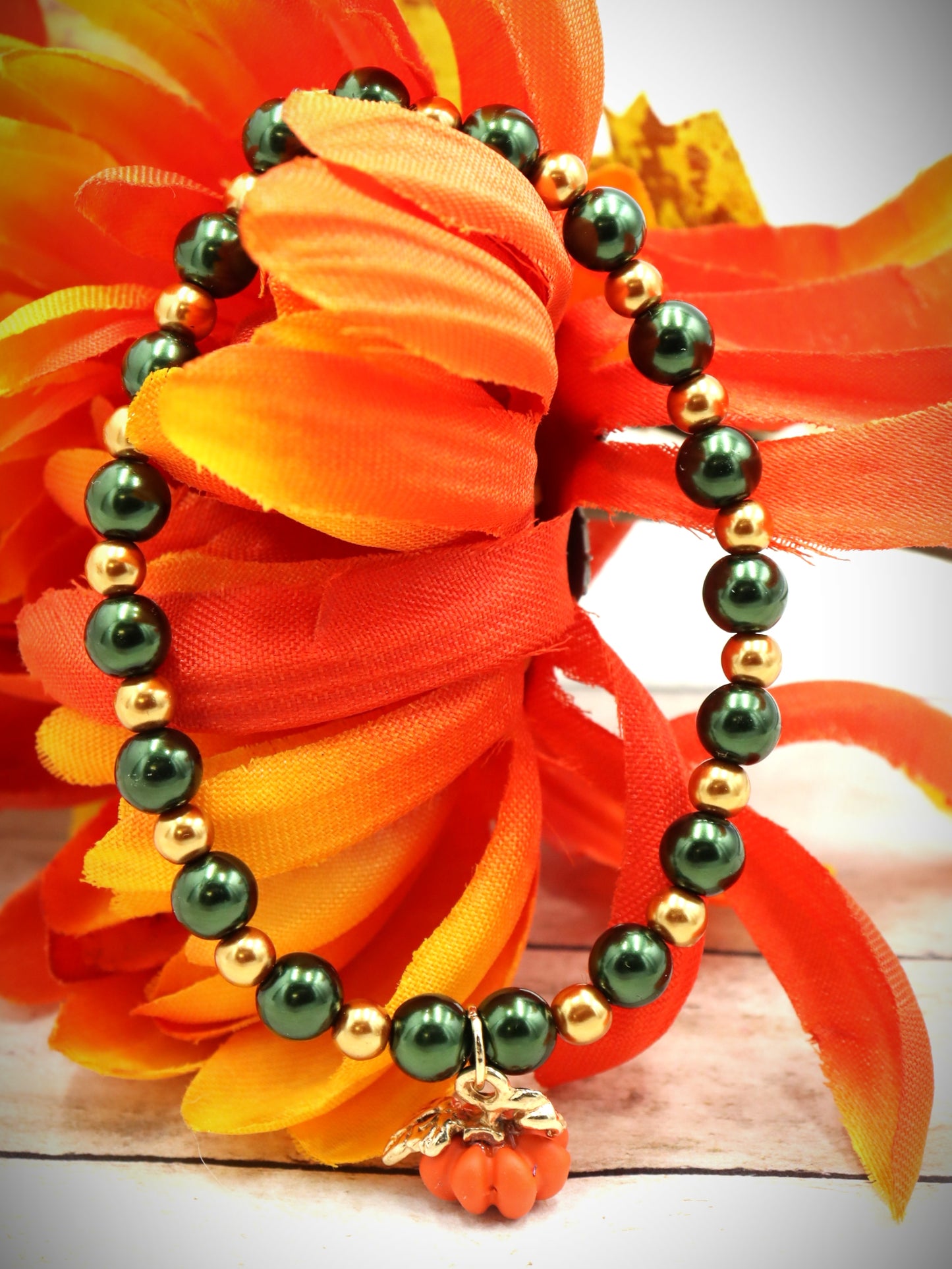 Pumpkin Time and Earth Toned Vibes - Green and Gold Bracelet with 3D Pumpkin Charm by Monkey's Mojo