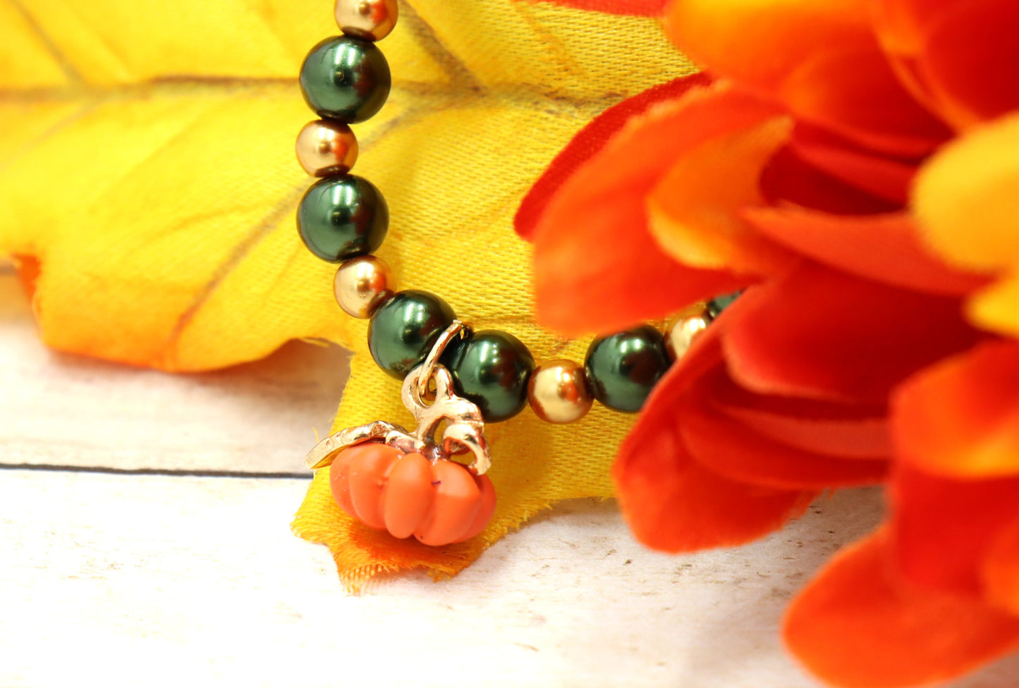 Pumpkin Time and Earth Toned Vibes - Green and Gold Bracelet with 3D Pumpkin Charm by Monkey's Mojo