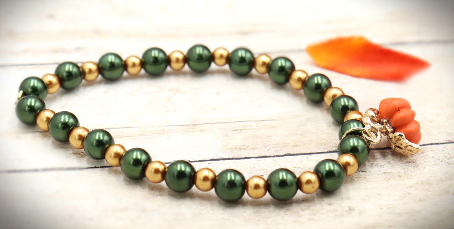 Pumpkin Time and Earth Toned Vibes - Green and Gold Bracelet with 3D Pumpkin Charm by Monkey's Mojo