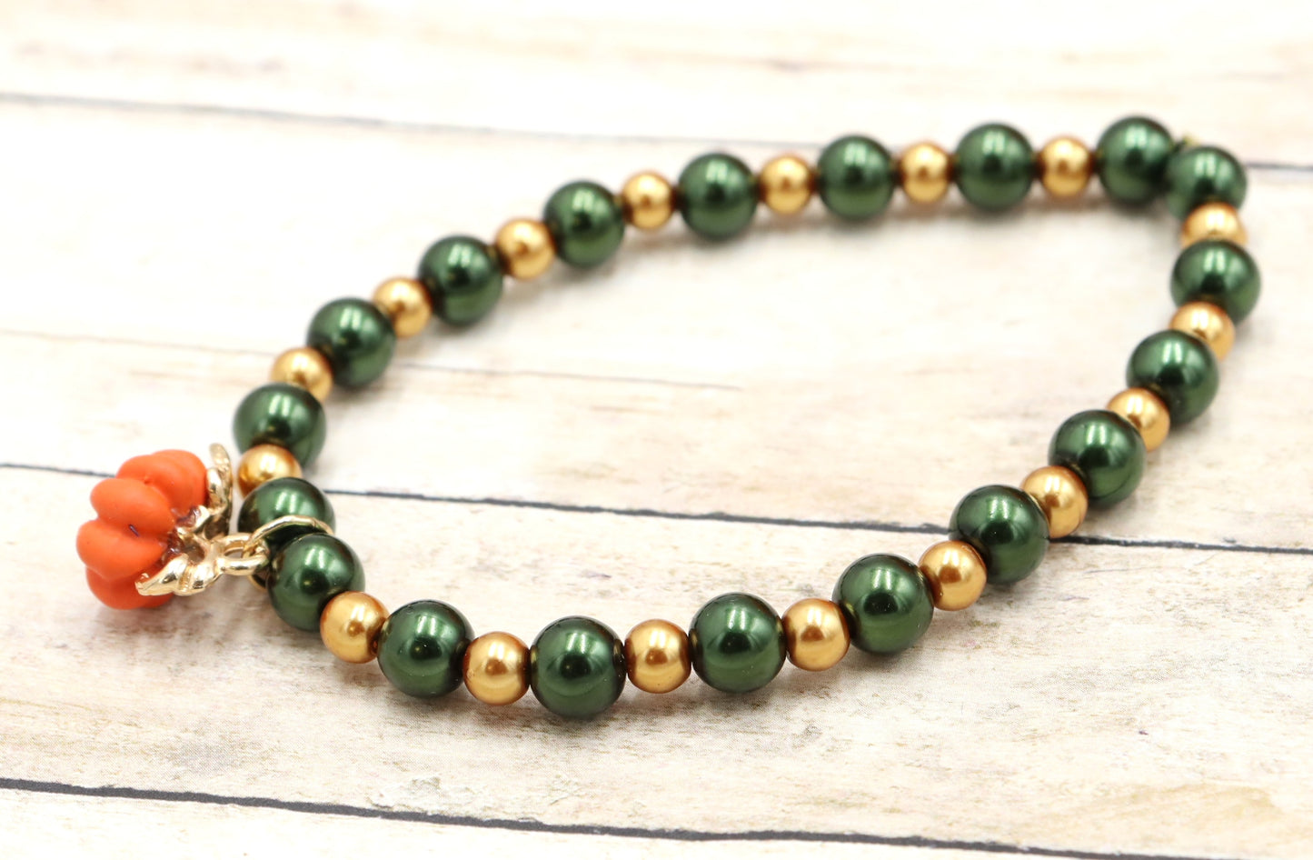 Pumpkin Time and Earth Toned Vibes - Green and Gold Bracelet with 3D Pumpkin Charm by Monkey's Mojo