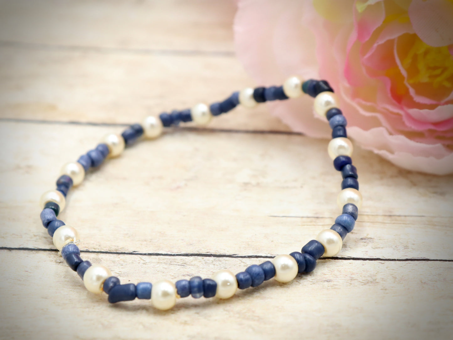 Classic and Classy Demin with Pearls - Blue and White Glass Bead Women's Stretch Bracelet by Monkey's Mojo