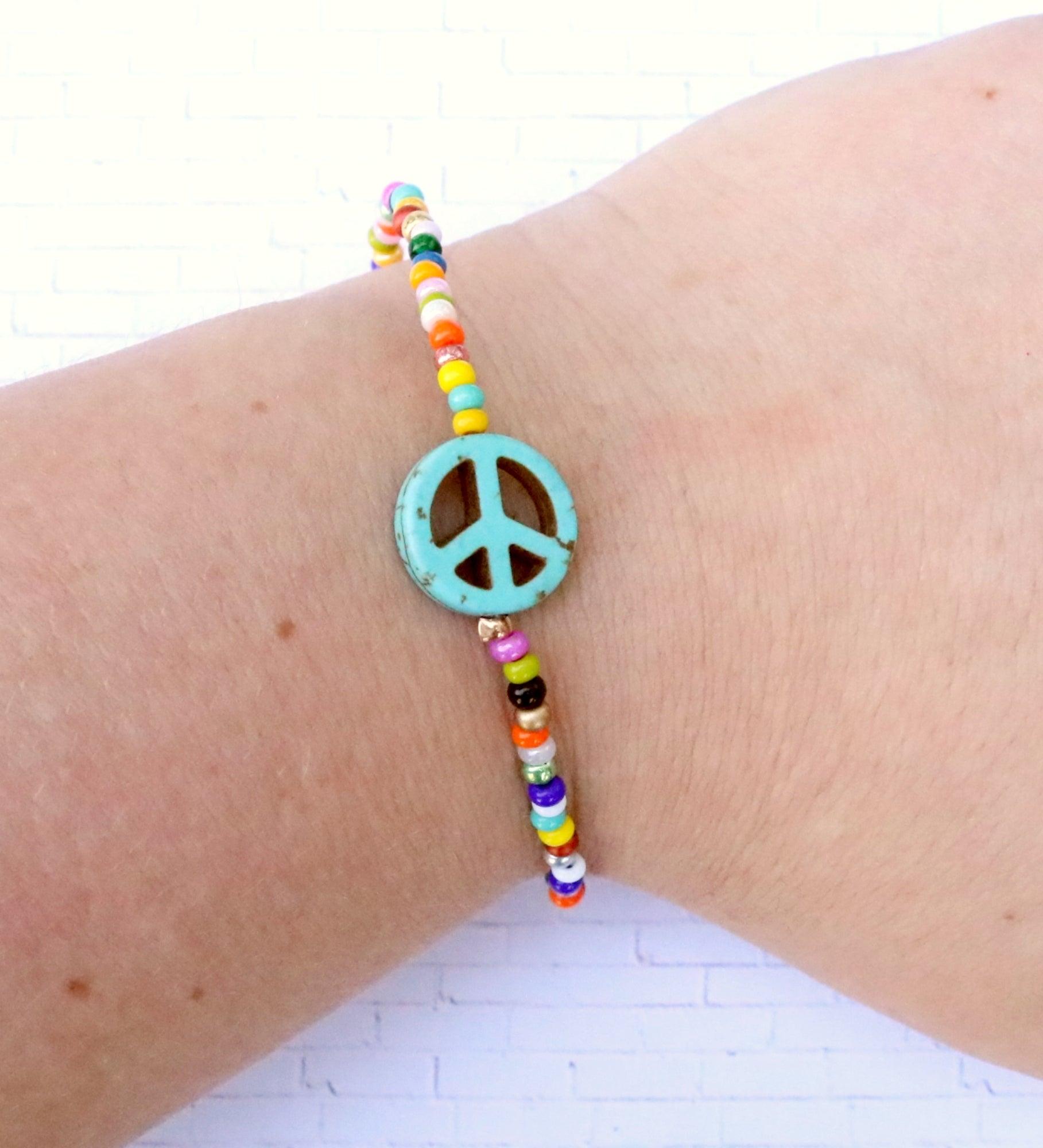 Holler For Howlite Turquoise Blue Peace Be to You Assorted Seed Bead Glass Bracelet - Monkeysmojo