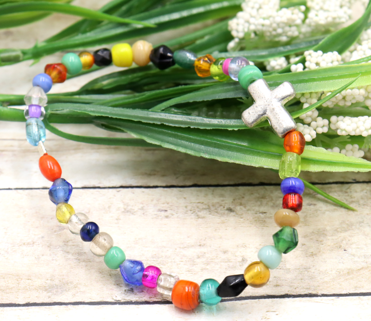 Colorful Joy Artisan Beads and Silver Metallic Cross Stretch Bracelet by Monkey's Mojo