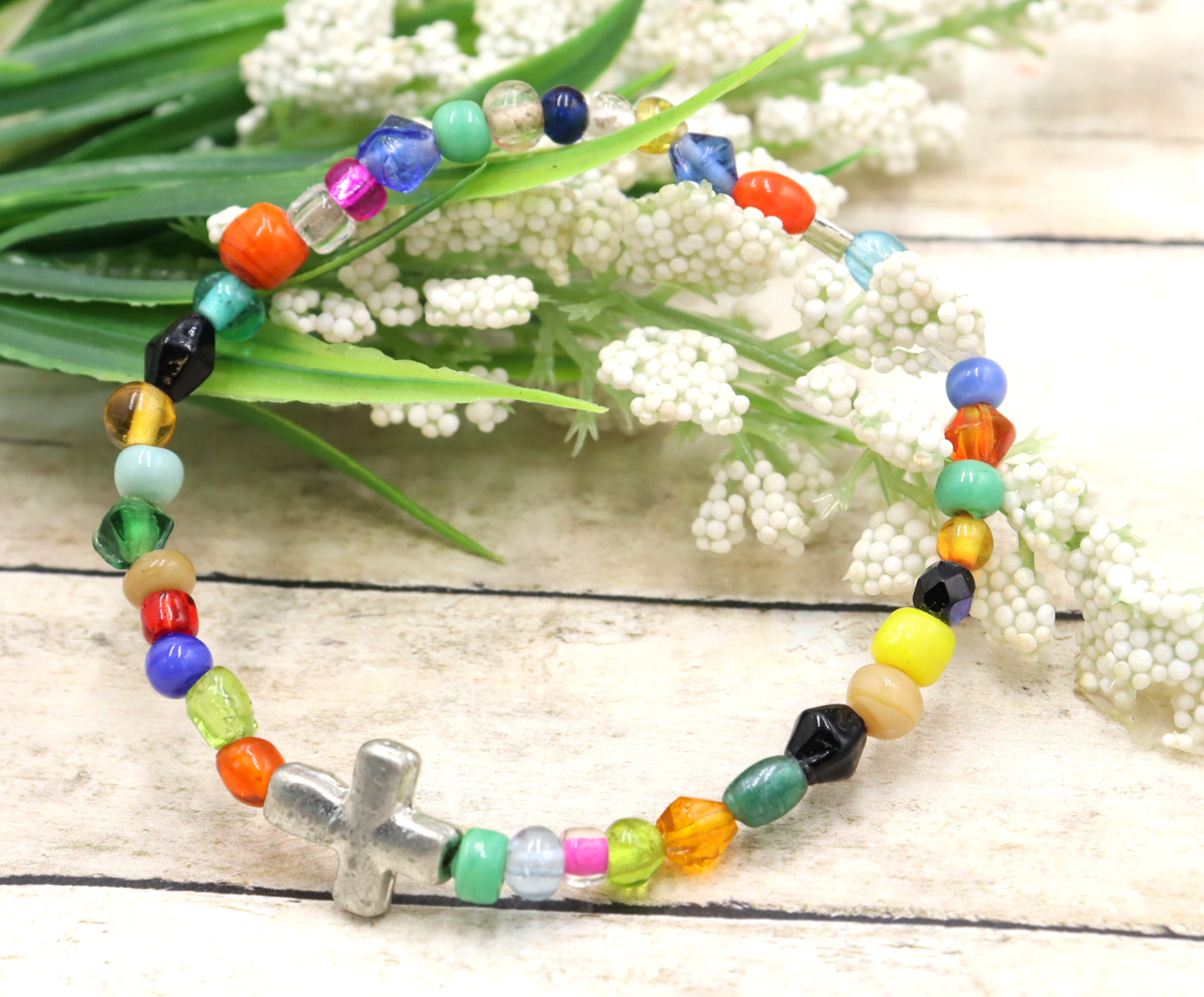 Colorful Joy Artisan Beads and Silver Metallic Cross Stretch Bracelet by Monkey's Mojo